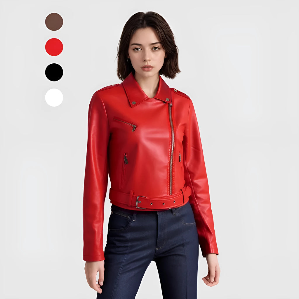 Red women's short PU leather jacket with lapel collar and an adjustable waist belt