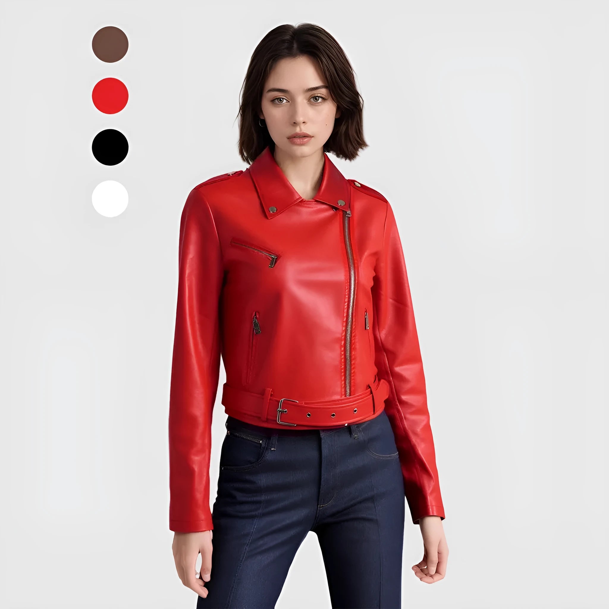 Red women's short PU leather jacket with lapel collar and an adjustable waist belt
