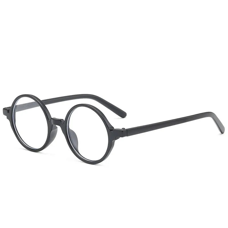 Artistic retro round glasses flat lens spectacles in bright black, sand black, tofu pudding and transparent grey frames