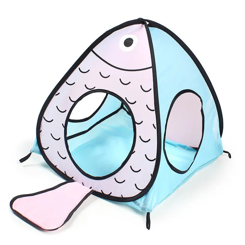 Foldable pet tent and tunnel set with cat and fish design for indoor pet play
