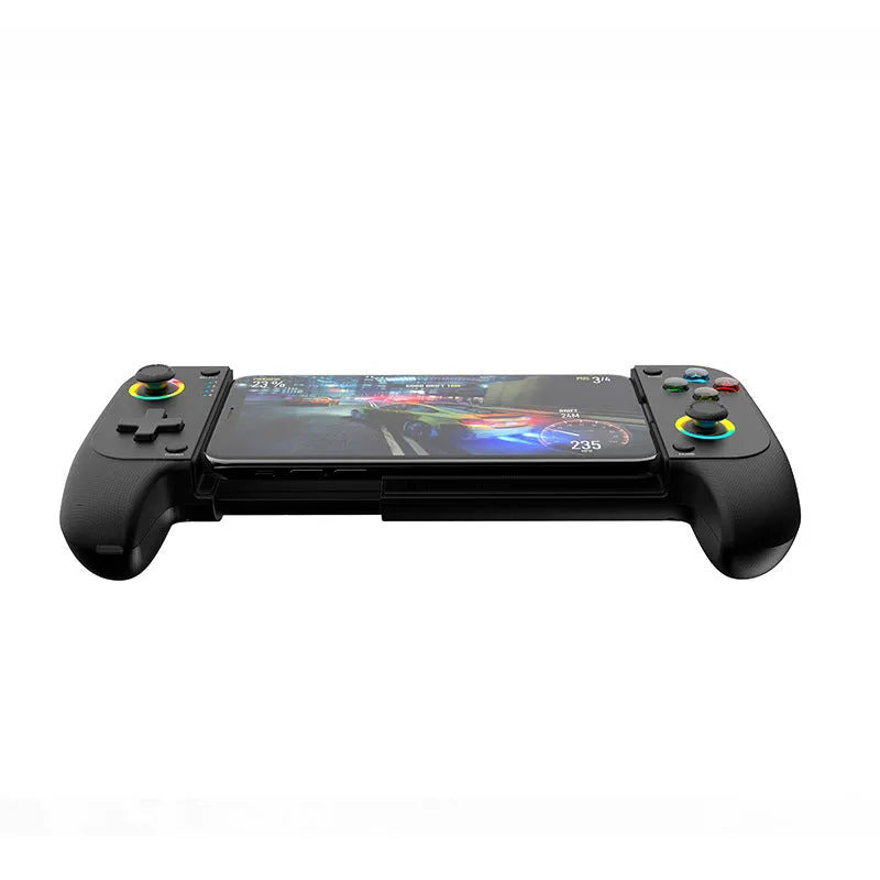 Black Bluetooth mobile game controller with telescopic arms stretched open, ready to hold a smartphone.