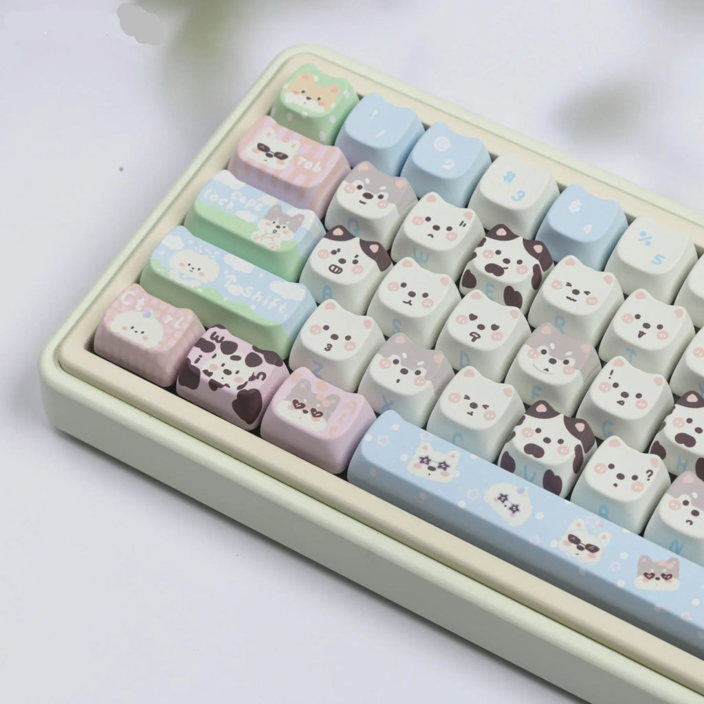 PBT sublimation keycap set with cute puppy designs for mechanical keyboards