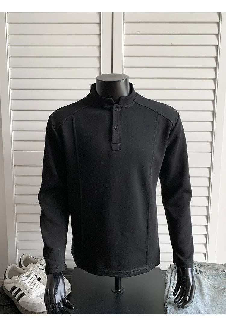Men's patchwork stand-up collar shoulder polo shirt in Chinese cotton with asymmetric design