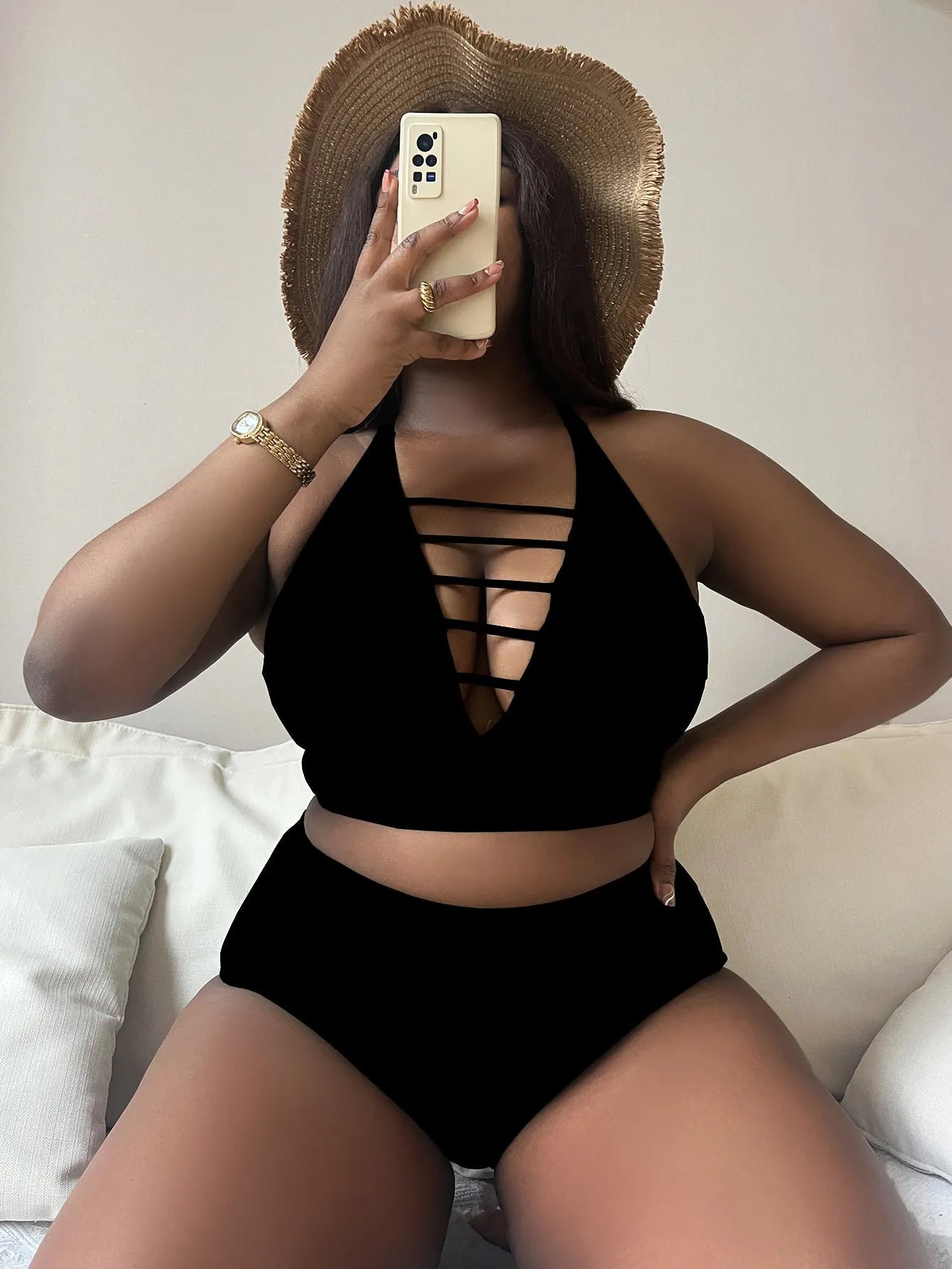 Plus size adjustable halter bikini with cross straps and high waist briefs in solid colour