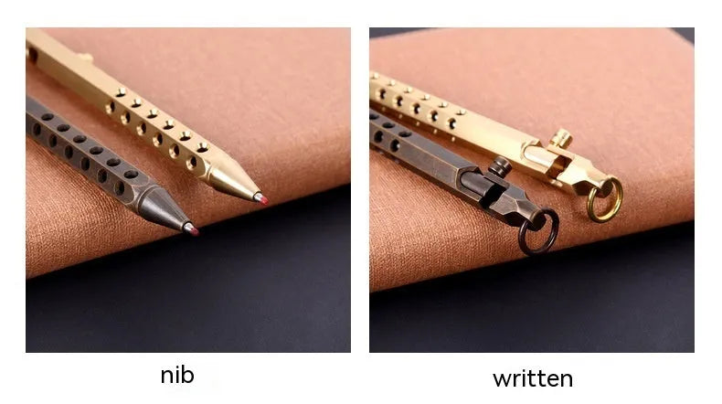 Brass hexagonal bolt pen with 0.5mm fine tip, shown in natural brass finish