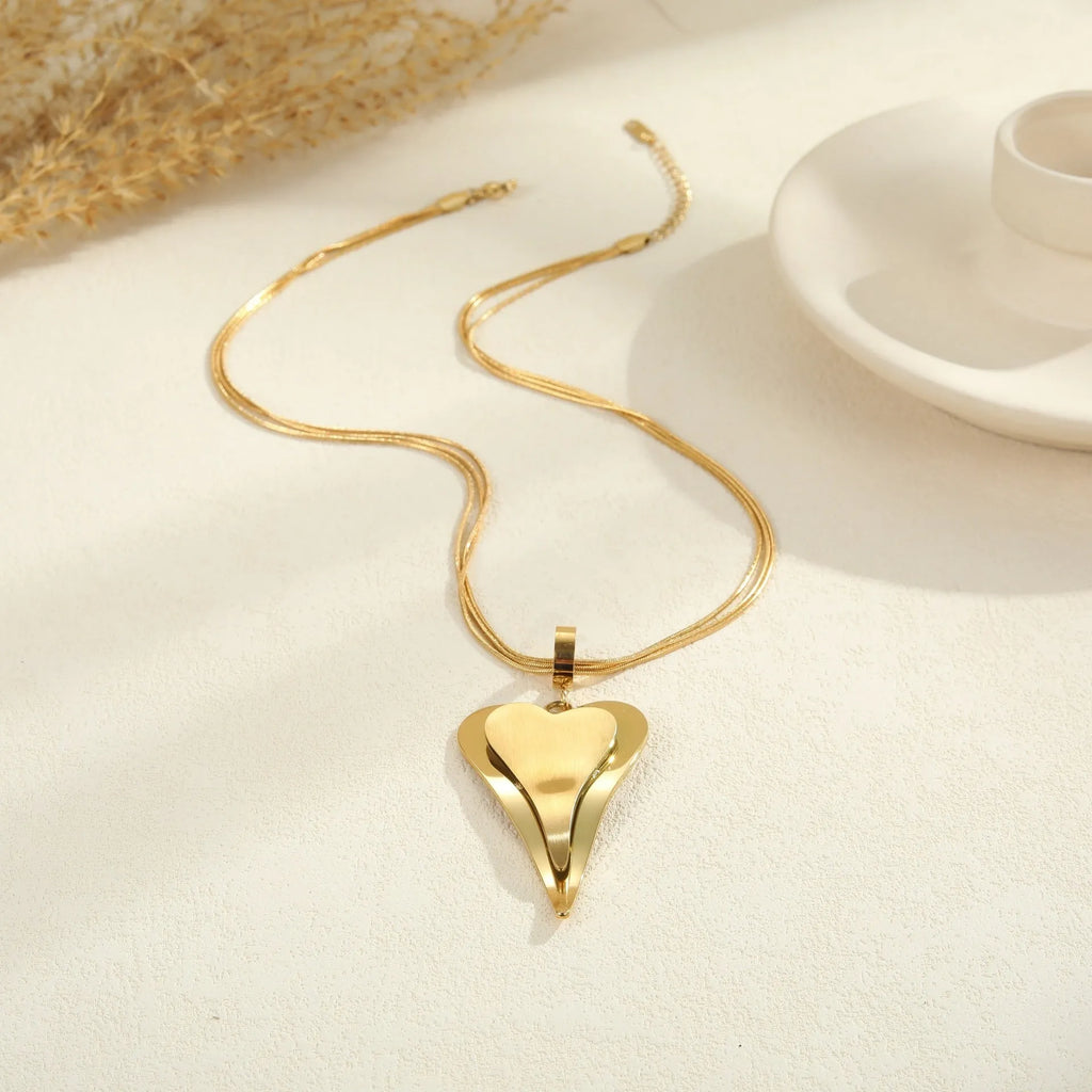 Geometric double heart pendant on stainless steel snake bones chain necklace in gold or steel colour