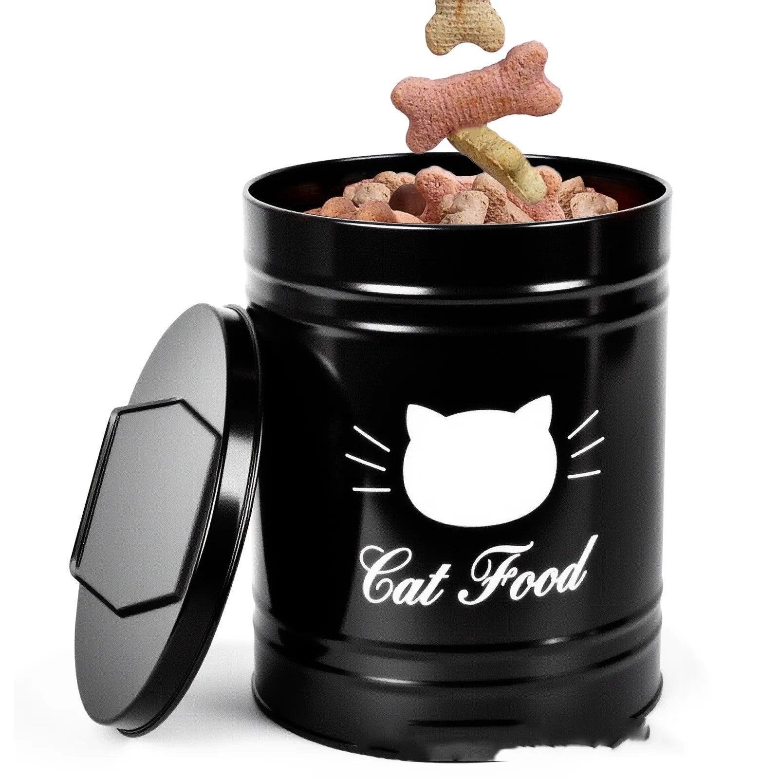Round black iron sheet storage can with lid, a moisture-proof container for pantry goods.