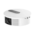 White home cinema projector with remote control on a table, showing 720p HD resolution specification.
