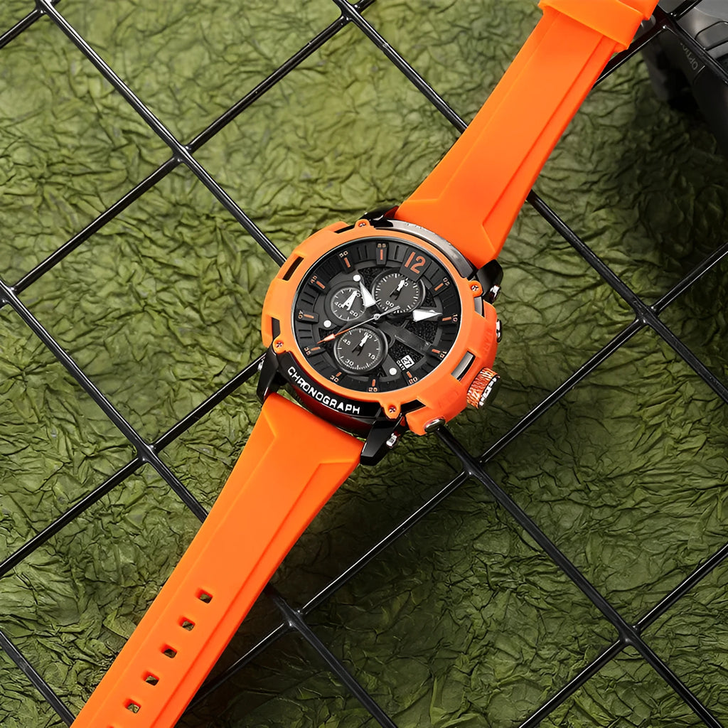 Men's large 51mm luminous waterproof wristwatch showing date display on a coloured band.