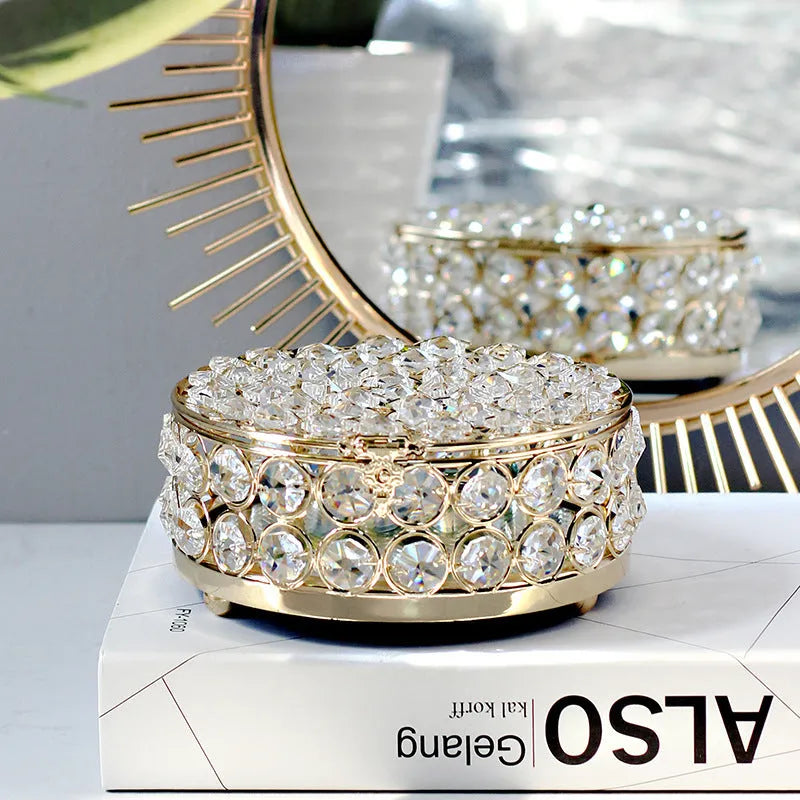 Transparent crystal glass jewellery box with French gold metal accents in European style design