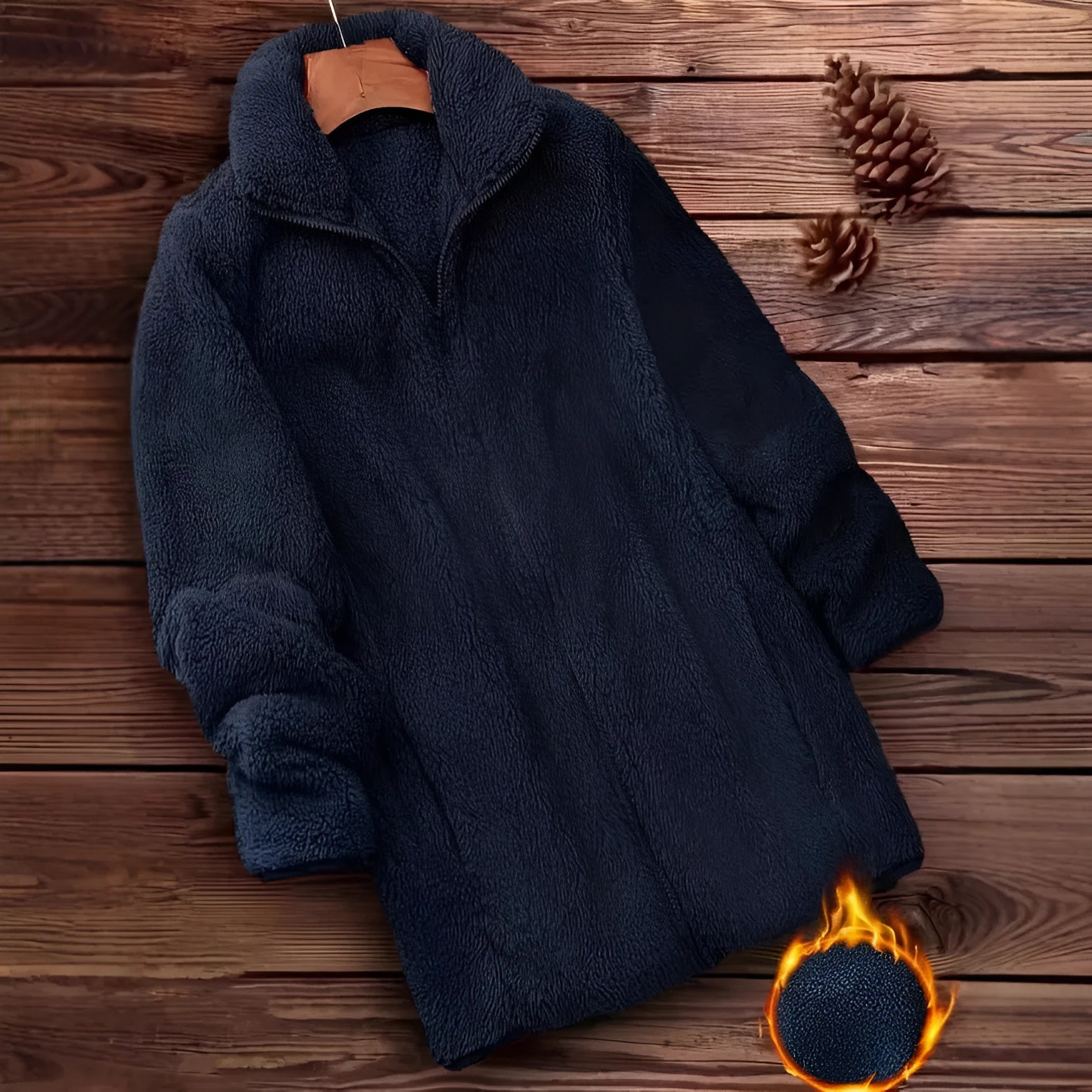 Double-sided velvet fleece jacket in black, shown front-on.