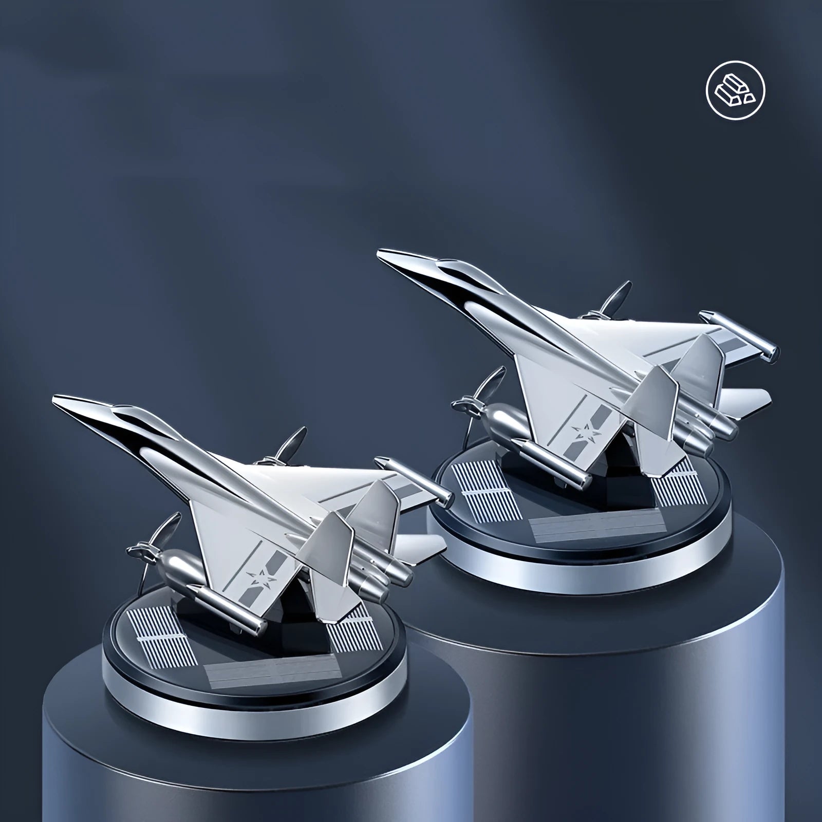 Silver solar powered rotating fighter aircraft perfume ornament with aluminium alloy seat.