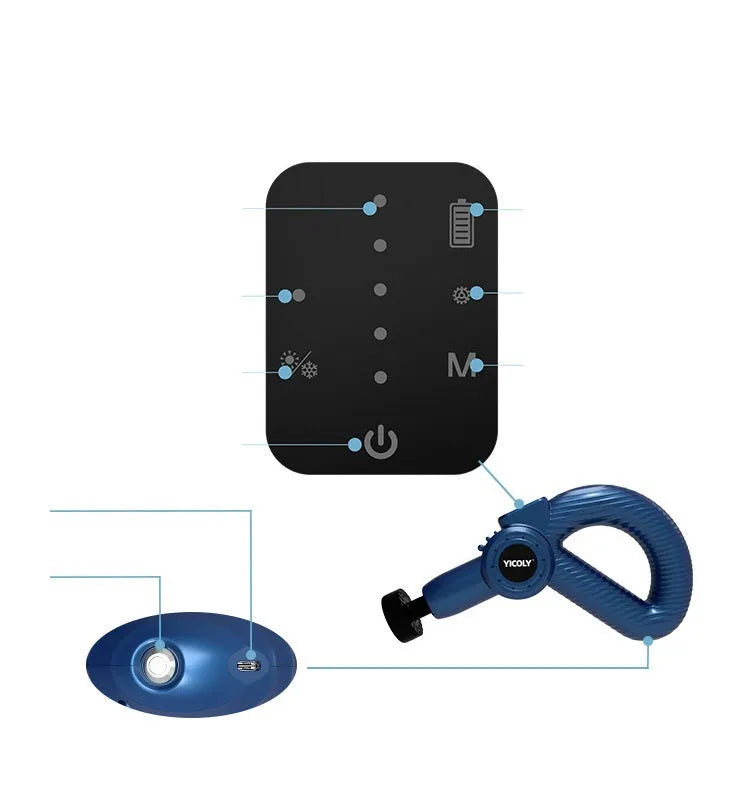Black smart muscle massage gun with hot and ice compress modes and five massage heads
