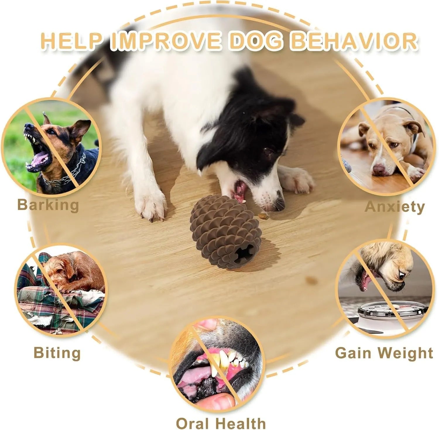 Yellow pine cone shaped dog chew toy with treat dispenser on textured surface