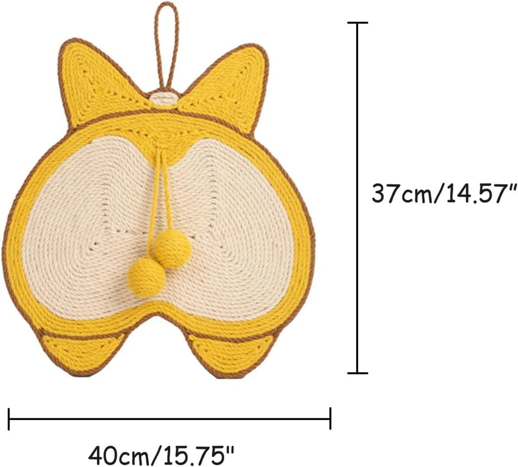 Yellow Corgi-butt design sisal cat scratching board with adhesive hooks on a white background