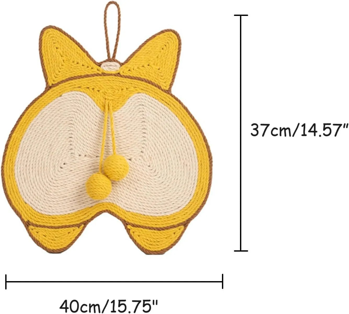 Yellow Corgi-butt design sisal cat scratching board with adhesive hooks on a white background