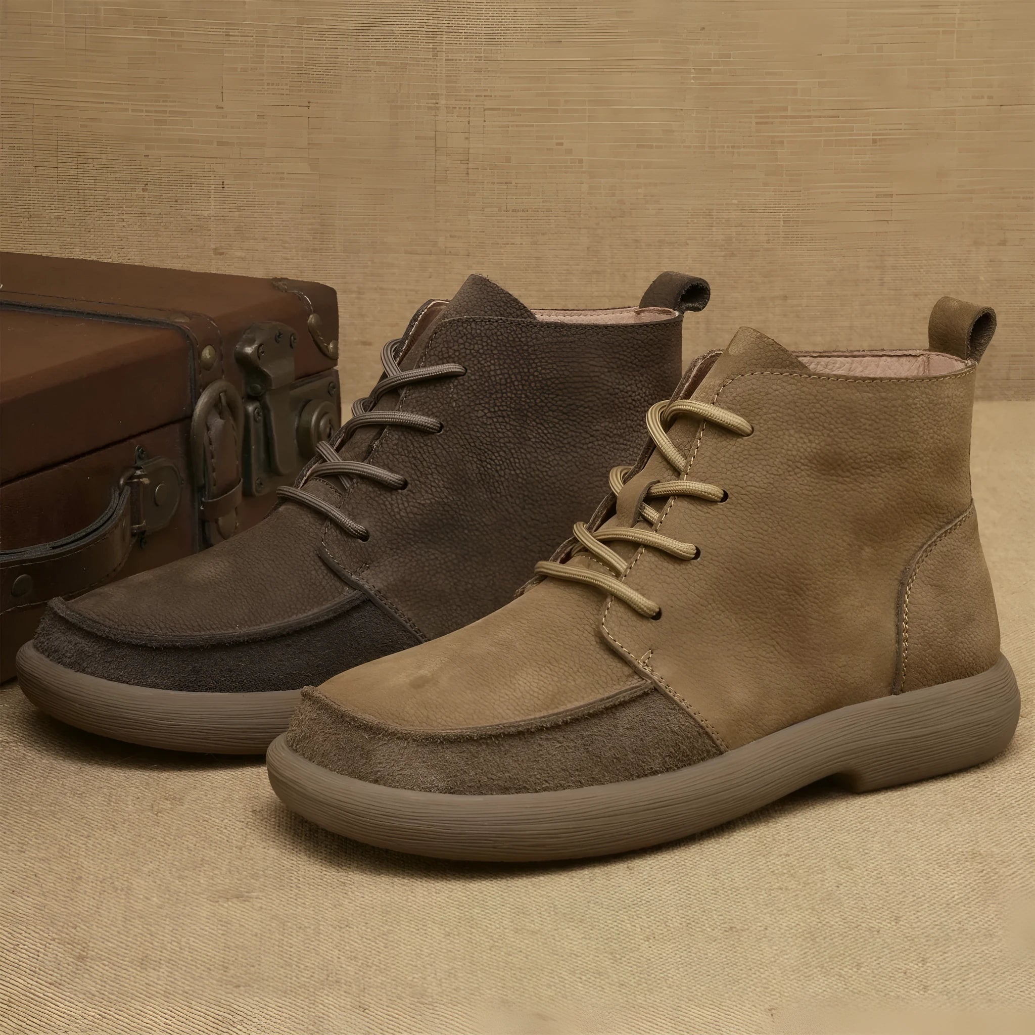 Grey genuine leather Martin boots with wedge heel and front lace-up design.