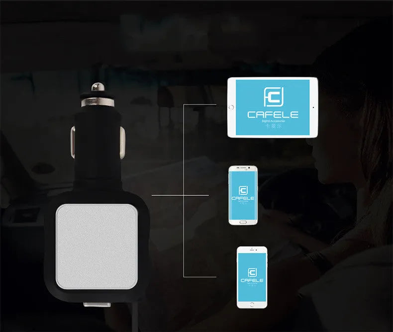 Black and gold dual USB car charger with retractable cable plugged into a car dashboard