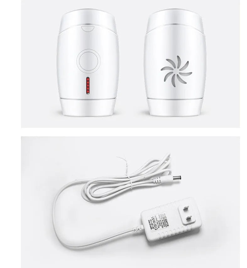White home laser hair removal instrument with display screen and adapter plugs for UK, EU, US, and AU sockets.