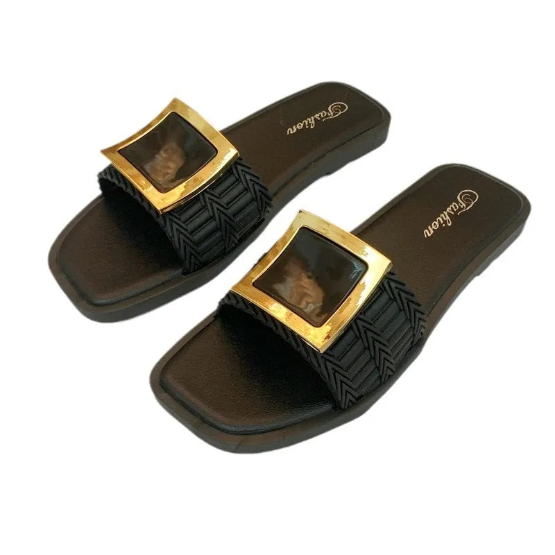Women's flat summer slippers in apricot colour with waterproof PVC sole and casual design