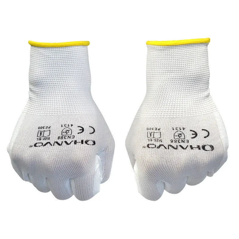 White PU coated work gloves with cotton lining showing palm texture and wrist area