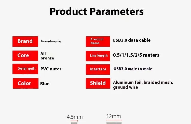 USB 3.0 data cable with nickel-plated connectors for external hard drive enclosures, shown with length options