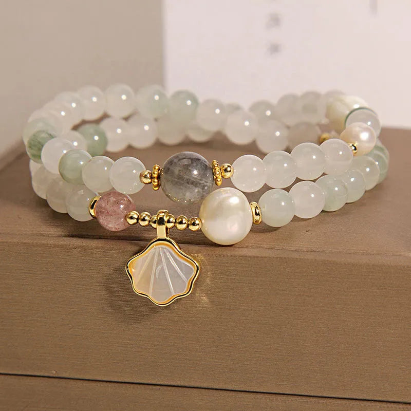 Women's crystal bracelet with Tianshan jade ginkgo leaf pendant, gold-plated artificial gemstone inlay, and rhinestones