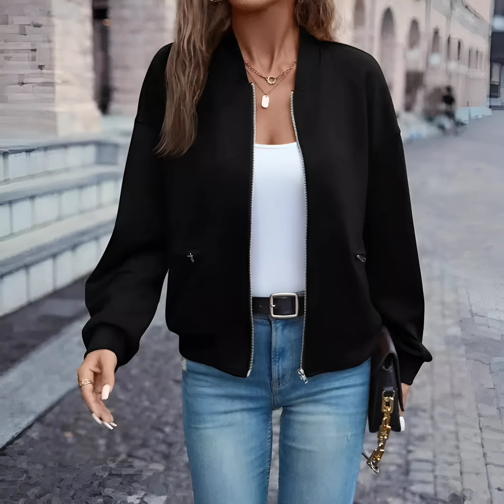Black women's zip-front jacket with long sleeves in casual Japanese Korean style