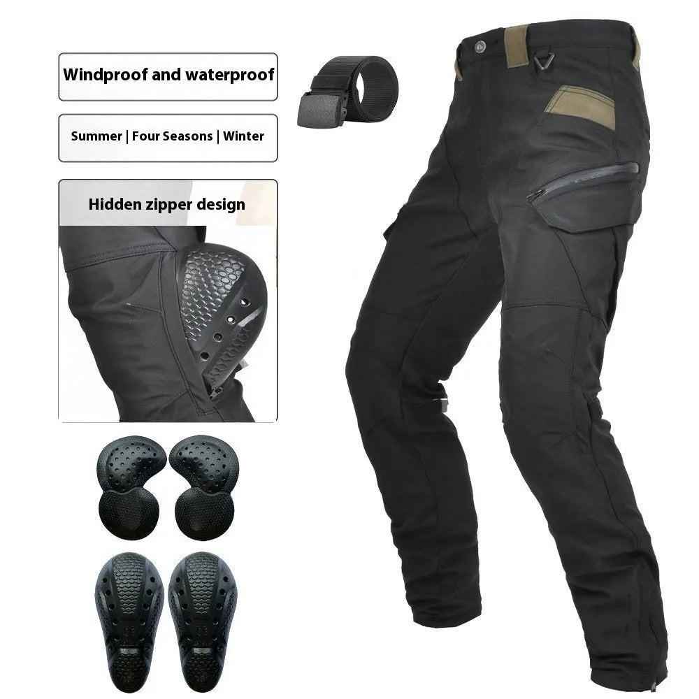 Men's black waterproof motorcycle cycling trousers with belt and protective gear on a hanger.