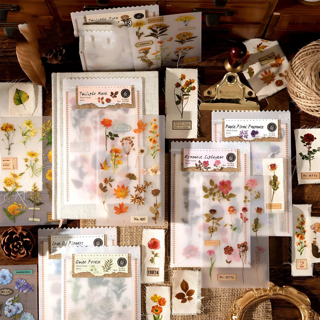 Huazhisen forest art sticker pack showing transfer paper and cotton linen sheets in literature style