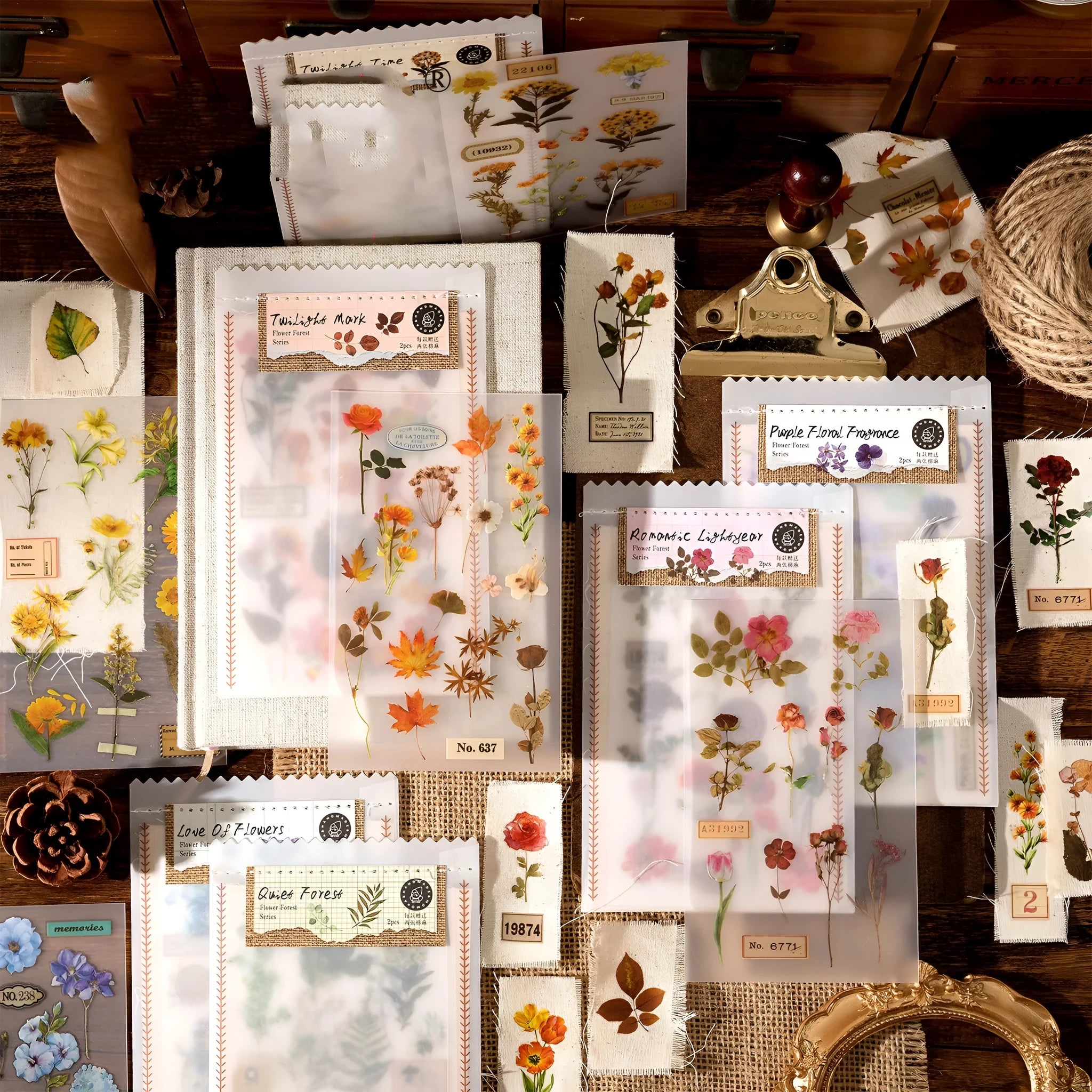 Huazhisen forest art sticker pack showing transfer paper and cotton linen sheets in literature style
