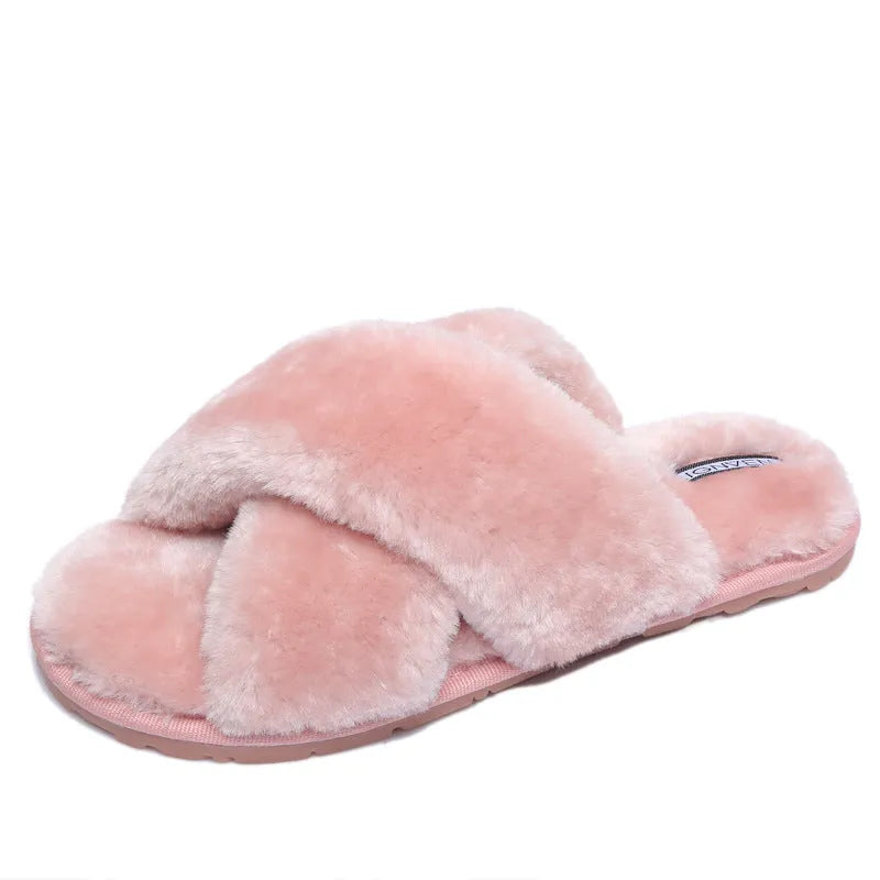 Cross open-toe fur slippers in multiple colours showing personalised toe design and non-slip patterned sole