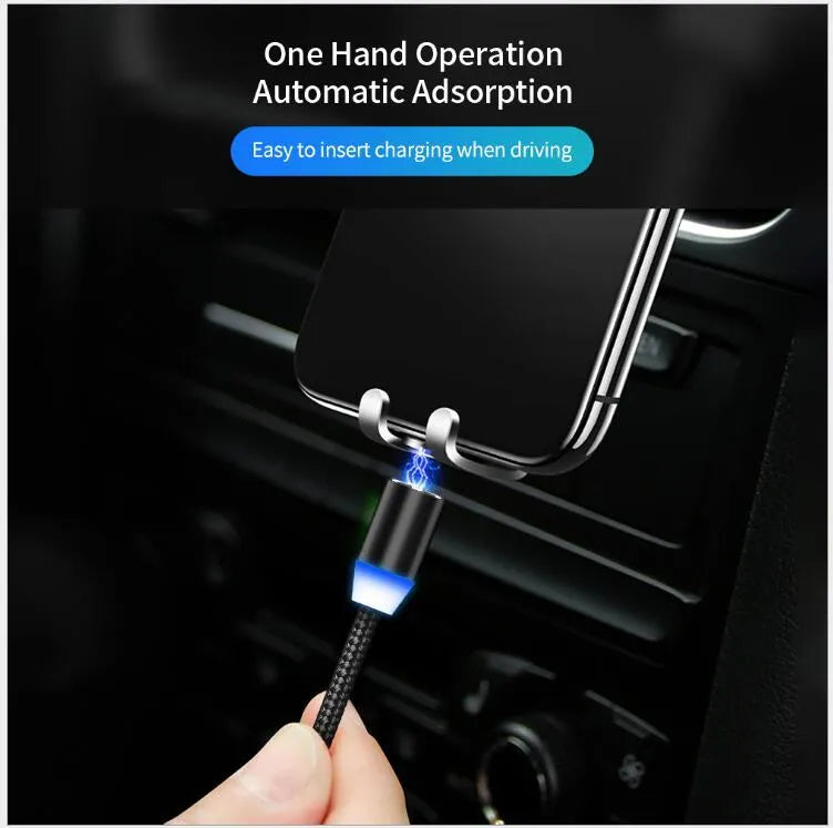 Black YBD 1m magnetic charging cable with LED light and cotton braided texture for iPhone and Android