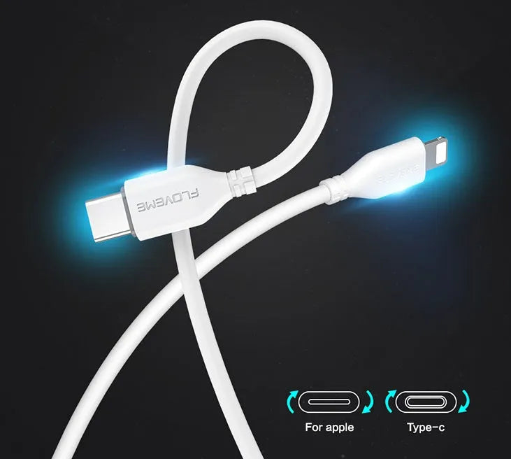 White braided USB-C to Lightning charging cable, 1.8 metres long, coiled on a surface.