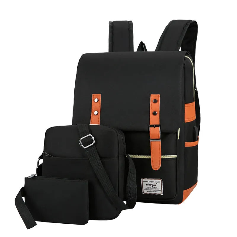 Three-piece business backpack in Oxford cloth with curved shoulder straps, shown in black colour