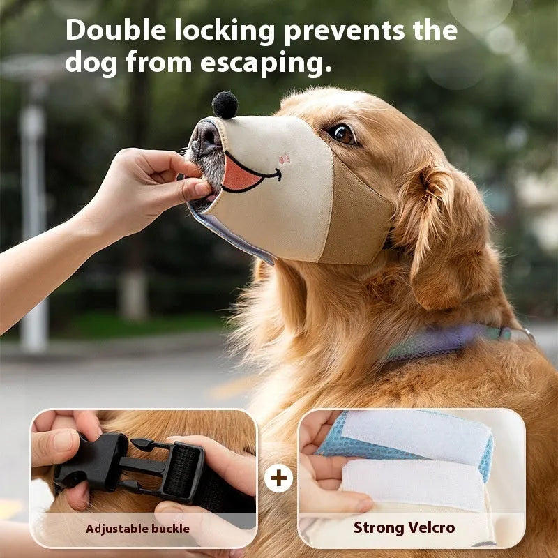 Canvas dog mouth cover muzzle in Ollie Brown Bear and Bondi Blue Shark designs with four size options