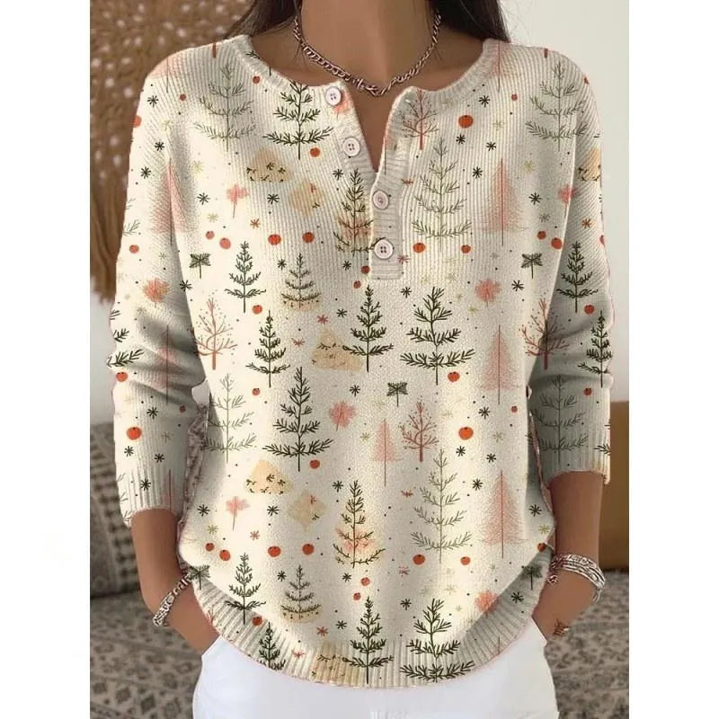 Retro Christmas 3D digital printing T-shirt with four-button stand collar and pullover style, polyester, 50cm length.