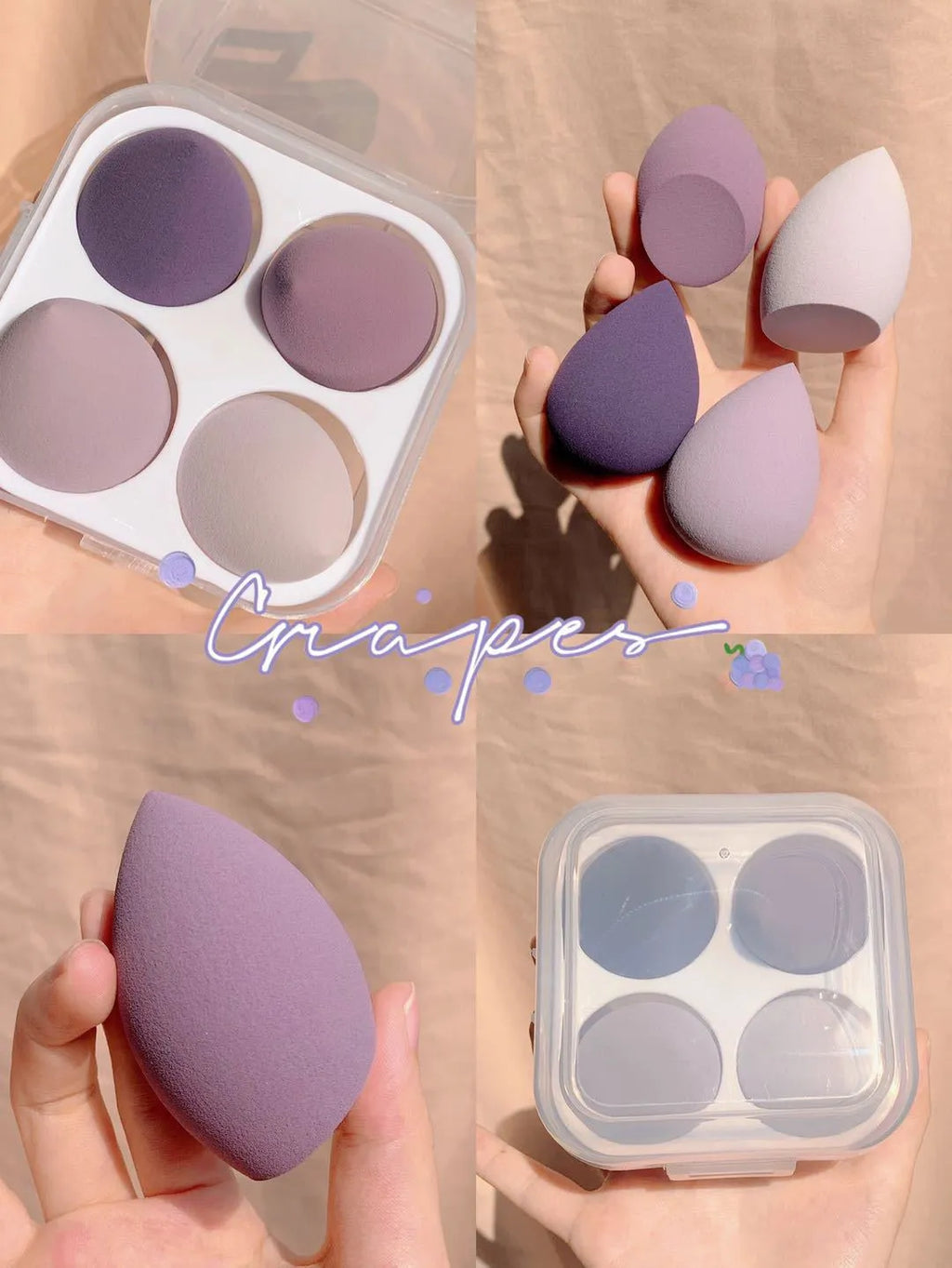 Makeup egg box open showing four cube-shaped synthetic sponge beauty eggs in grape, mango, mint, and peach peach colours