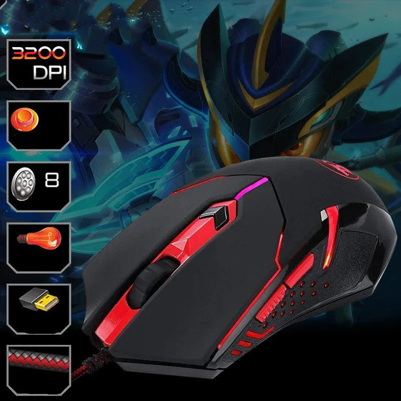 Black and red ergonomic USB wired gaming mouse with six buttons on a 1.8m cable.