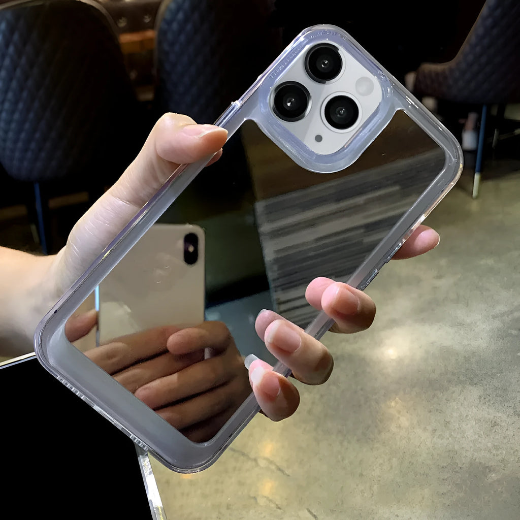 Silver mirror iPhone 15 protective case with soft rubber acrylic texture and makeup mirror element
