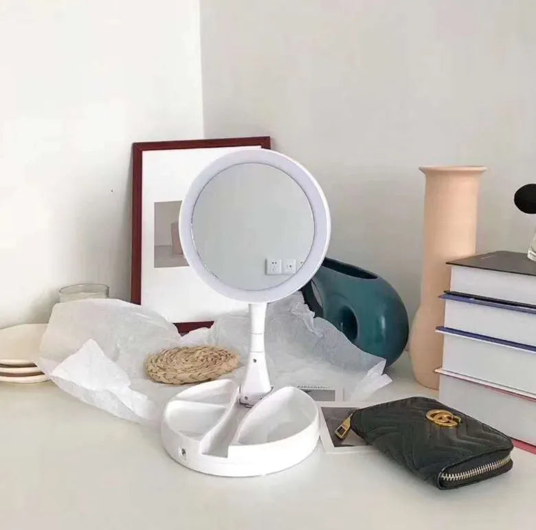White foldable double-sided LED vanity mirror with USB charging port