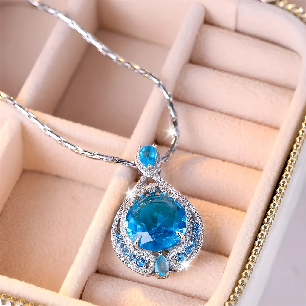 Blue crystal fireworks cut geometric pendant necklace on water wave chain for women