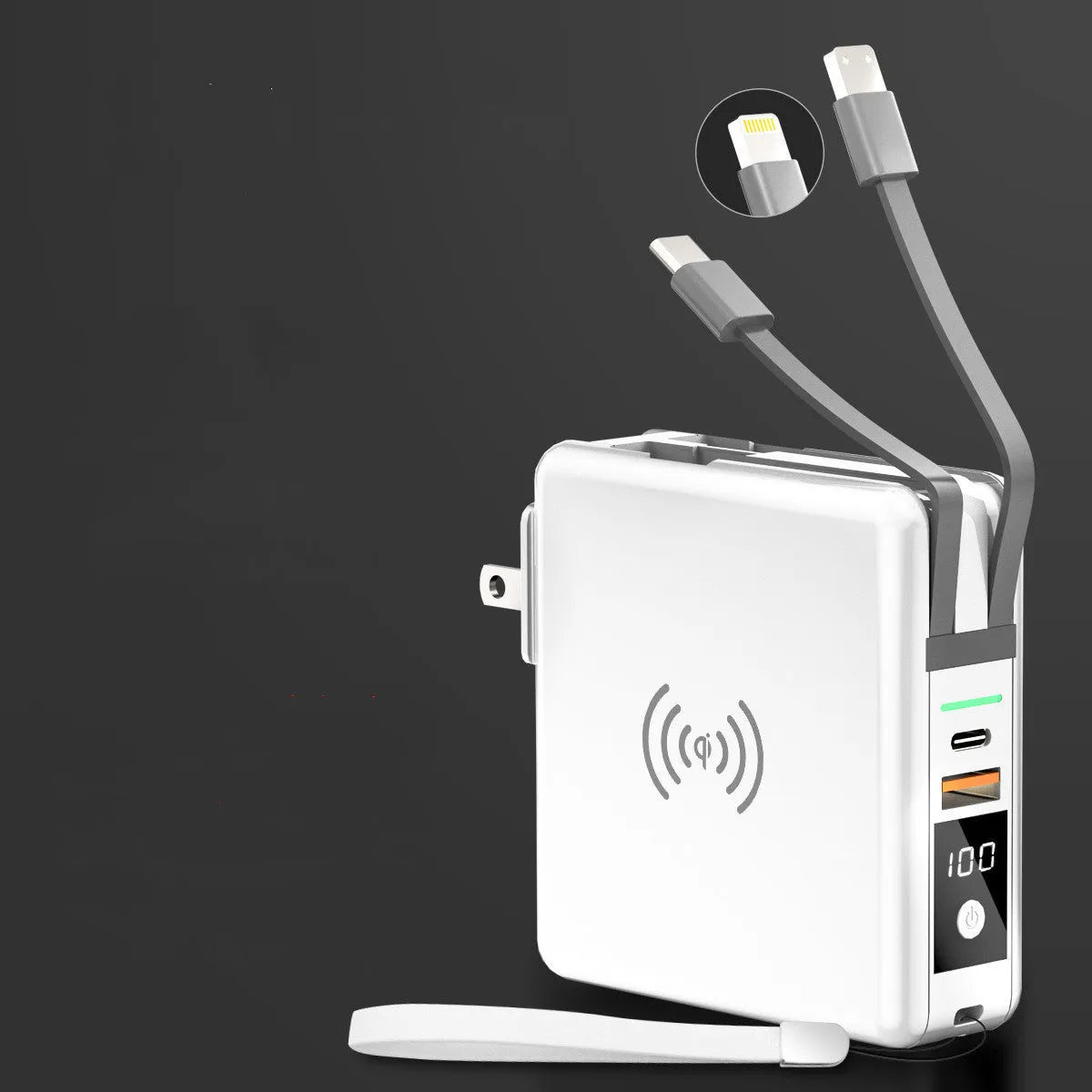 Black and white wireless charging power bank with foldable plug and set of four international travel adapter heads