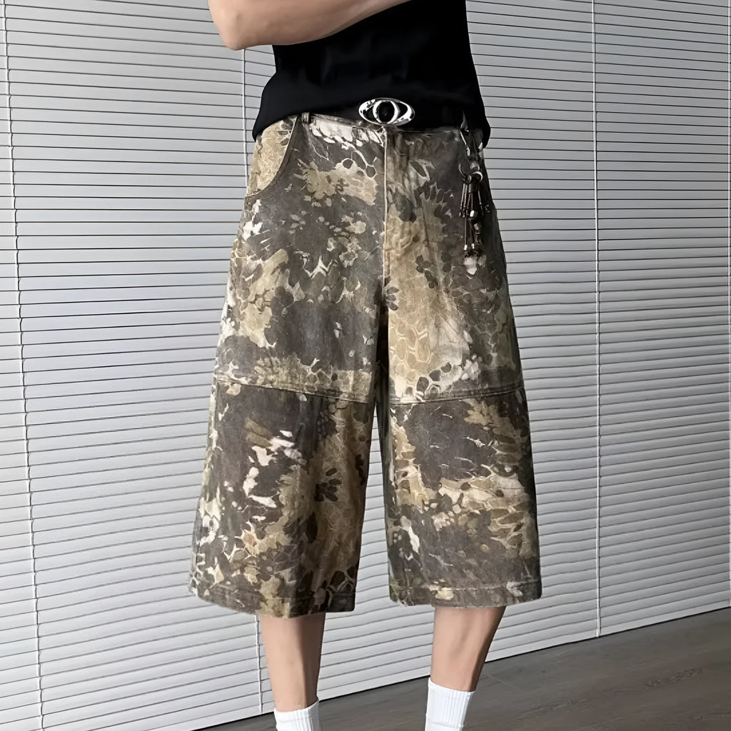 Yellow snake pattern camouflage cropped jeans with cotton denim construction