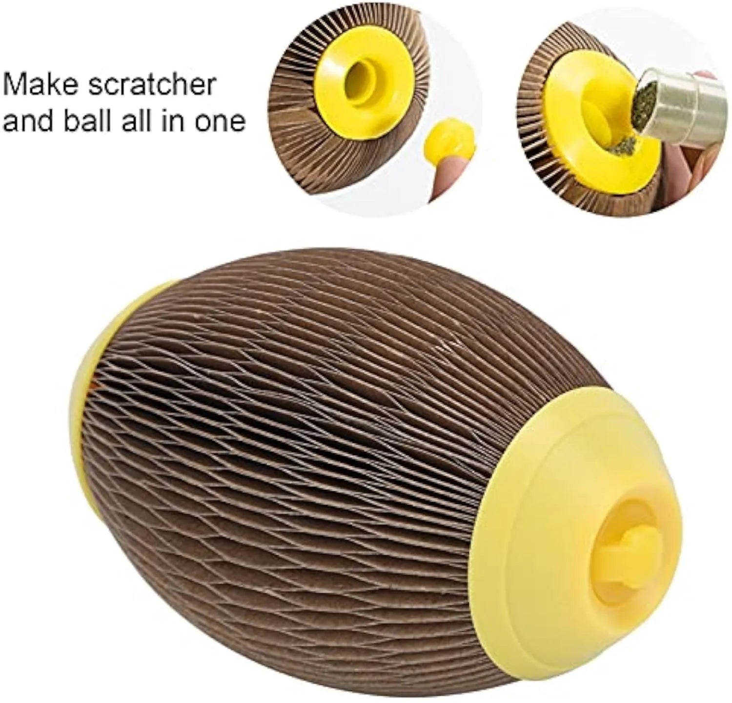 Elliptical catnip scratch football toy made from recycled corrugated paper.