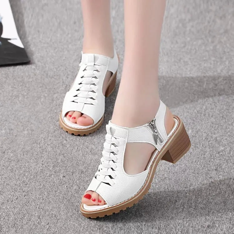 Women's retro-style sandals with a side zipper, mid heel, in black, white or cream.