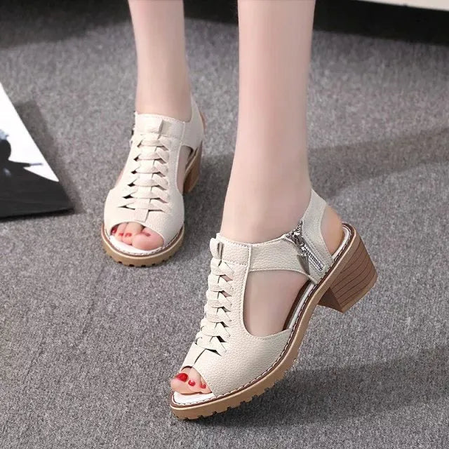 Women's retro-style sandals with a side zipper, mid heel, in black, white or cream.