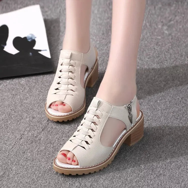 Women's retro-style sandals with a side zipper, mid heel, in black, white or cream.