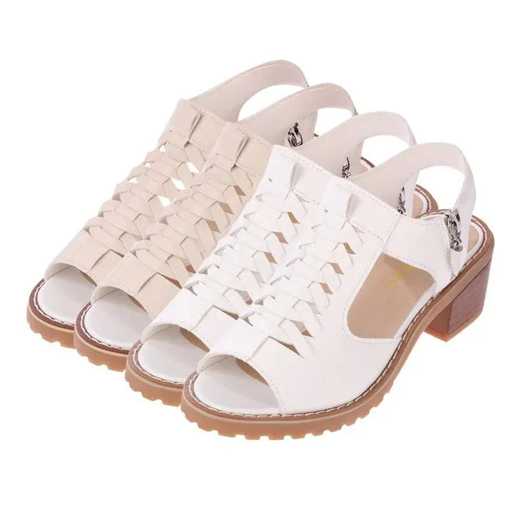Women's retro-style sandals with a side zipper, mid heel, in black, white or cream.
