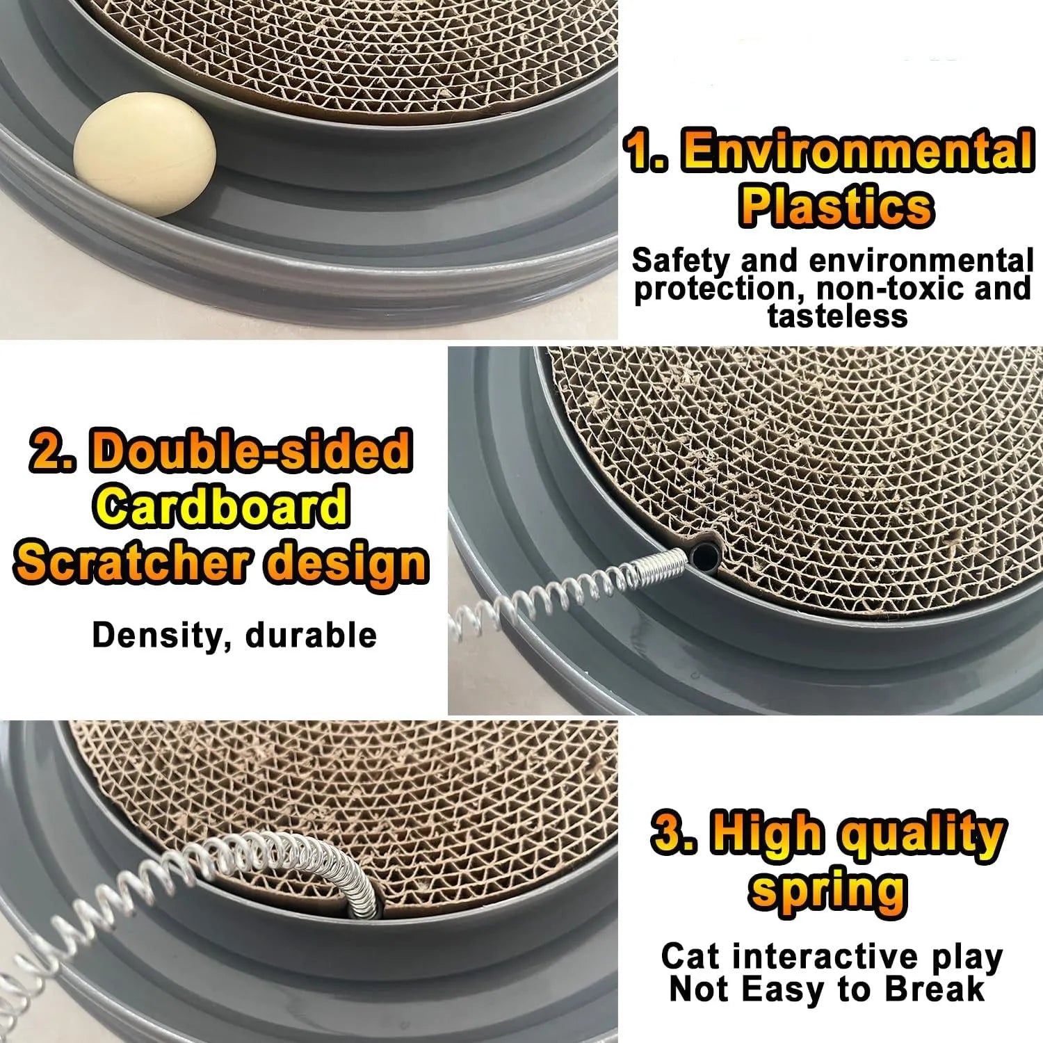 Blue cat scratcher toy with circular ball track and replaceable corrugated cardboard scratching pad